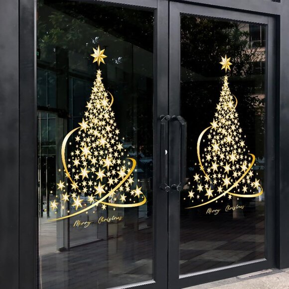 Christmas Tree Window Clings Stickers for Glass, Extra Large Golden Xmas Windows - Picture 1 of 6